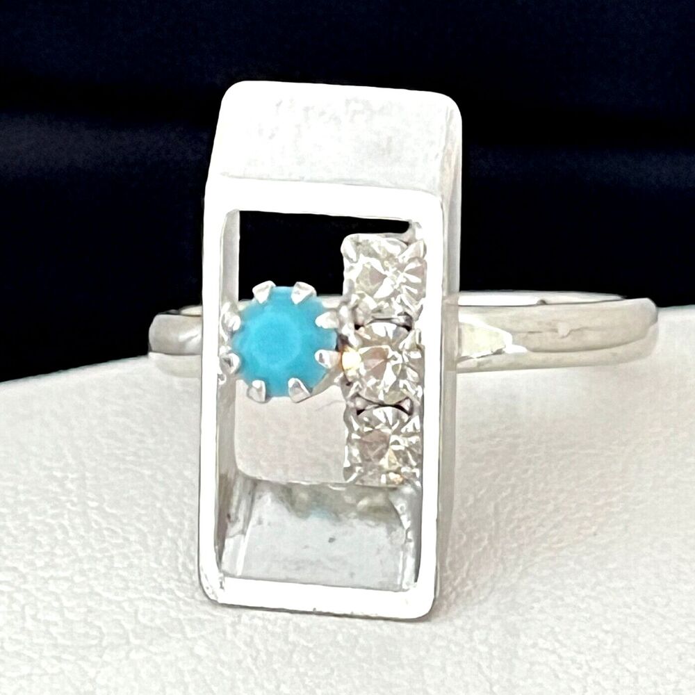 Vintage 1960s Cocktail Ring Mid Century Modern Blue Rhinestone Geometric - 4I